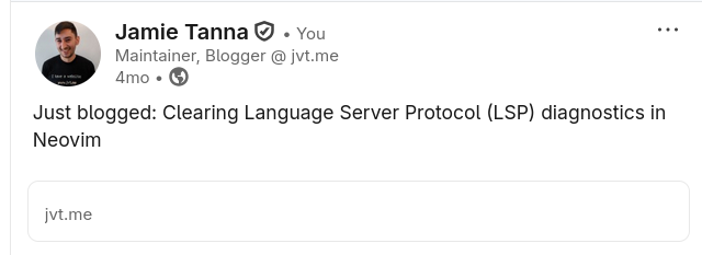 A post by Jamie on LinkedIn saying "Just blogged: {the post title}". Below it is the LinkedIn formatting for a URL attachment with jvt.me but it doesn't show any rich information about the post, and seems very bland