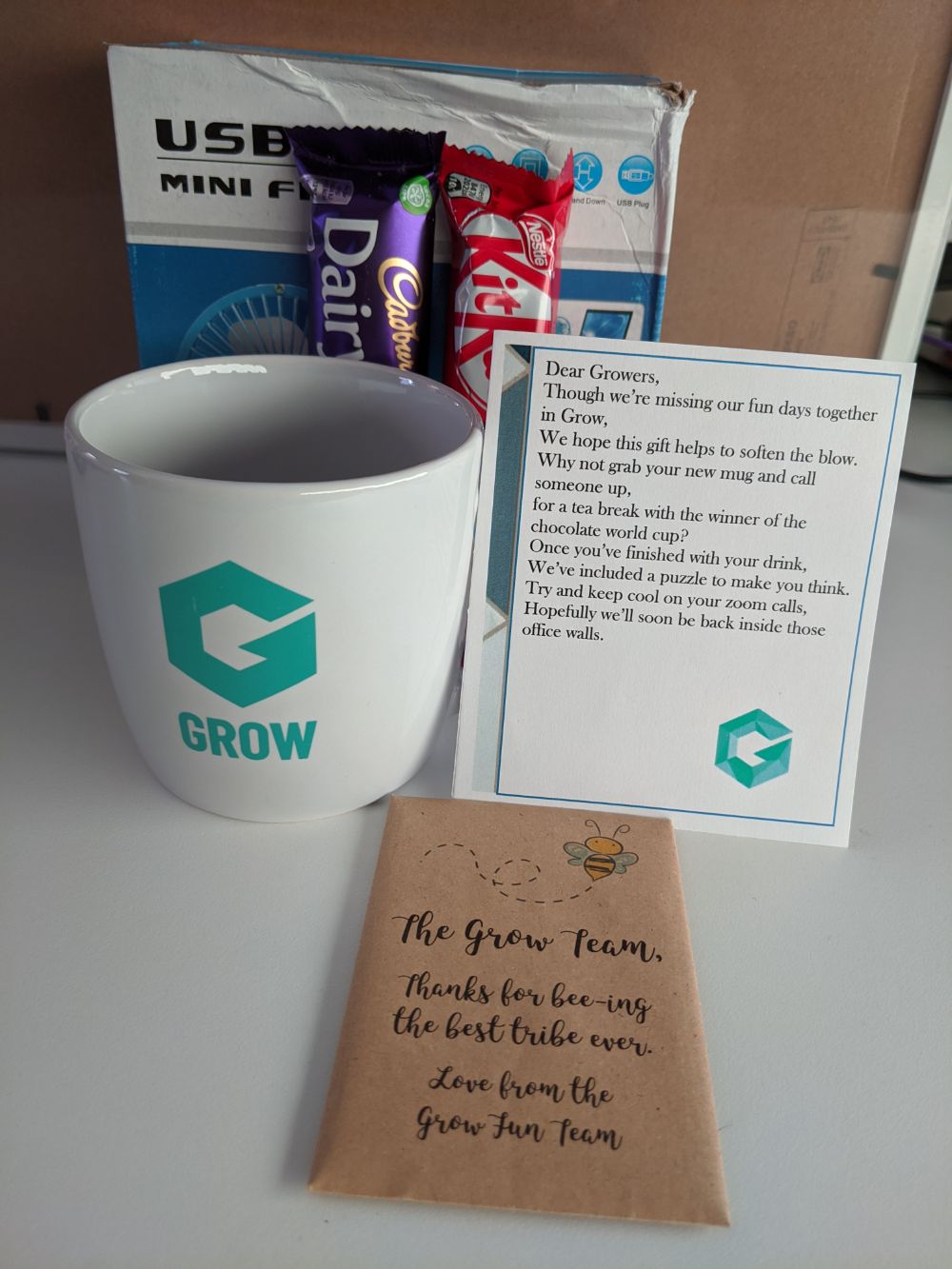 A USB fan, a Dairy Milk Bar, a KitKat, a mug with the Grow tribe logo on it, a short note, and some bee-friendly wildflower sees