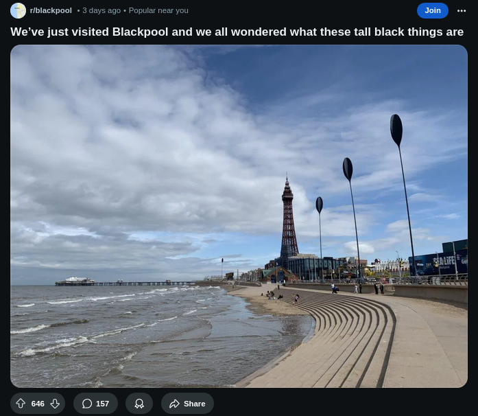 A screenshot of a post in the reddit home feed, showing a suggestion for /r/blackpool because it's allegedly "popular near you", despite the fact that I'm in Nottingham, and reddit is likely very aware of that and the fact Blackpool is 3 hours away