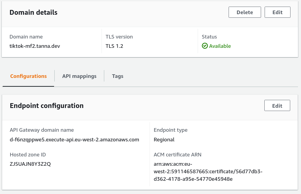 Screenshot of the newly created domain name, showing the endpoint configuration, with a API Gateway domain name, and a tab for API mappings