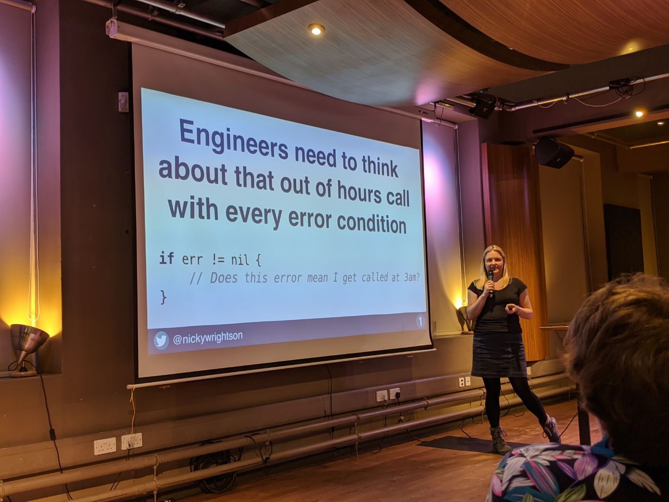 A slide with a code snippet of an error check and a comment "does this error mean I get called at 3am?" A slide with a code snippet of an error check and a comment "does this error mean I get called at 3am?"