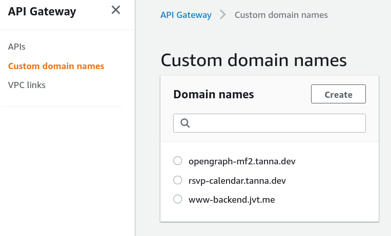 Screenshot of the Custom domains name page, showing several domain names, and a Create button