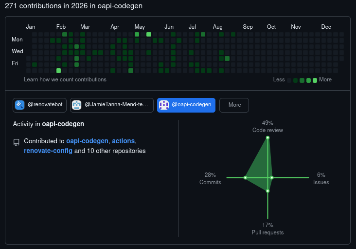 A screenshot of a graph from GitHub representing Jamie's 271 contributions to the @oapi-codegen GitHub organisation from January 01, 2026 to December 31, 2026 (but only with activity up until the current date). The contributions are 49% code review, 28% commits, 17% pull requests, 6% issues