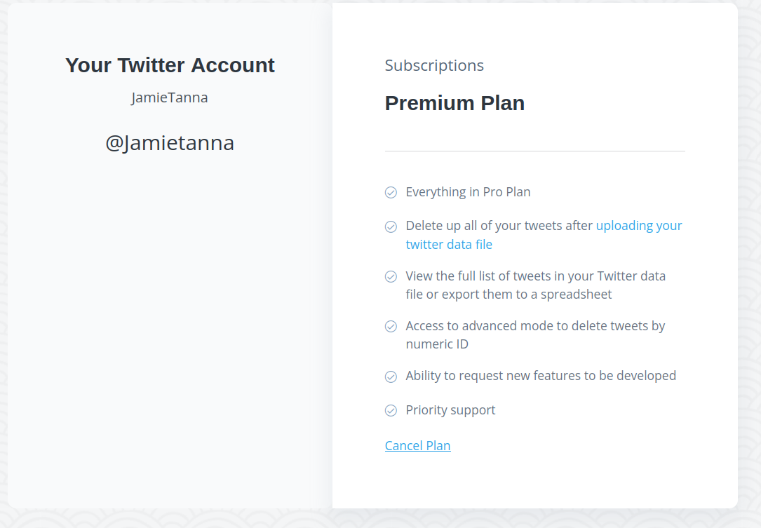 Screenshot of the TweetDelete.net app showing that Jamie is on the Premium plan which allows for "delete up all of your tweets after uploading your twitter data file"