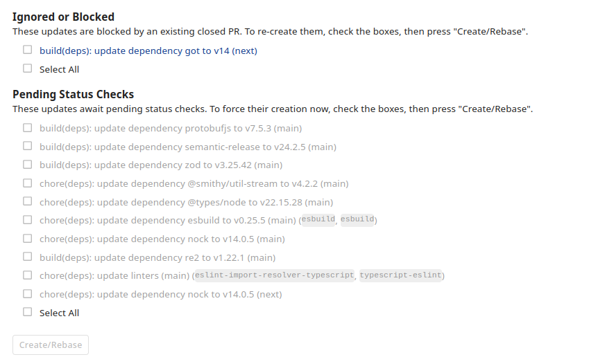 A snippet of the Mend Renovate SAAS app, showing https://developer.mend.io/github/renovatebot/renovate and a snippet of the Dependency Dashboard, showing "Ignored or blocked" with an update, and "Pending Status Checks" with many updates, followed by a "Create/Rebase" button to click once you're ready to trigger a run