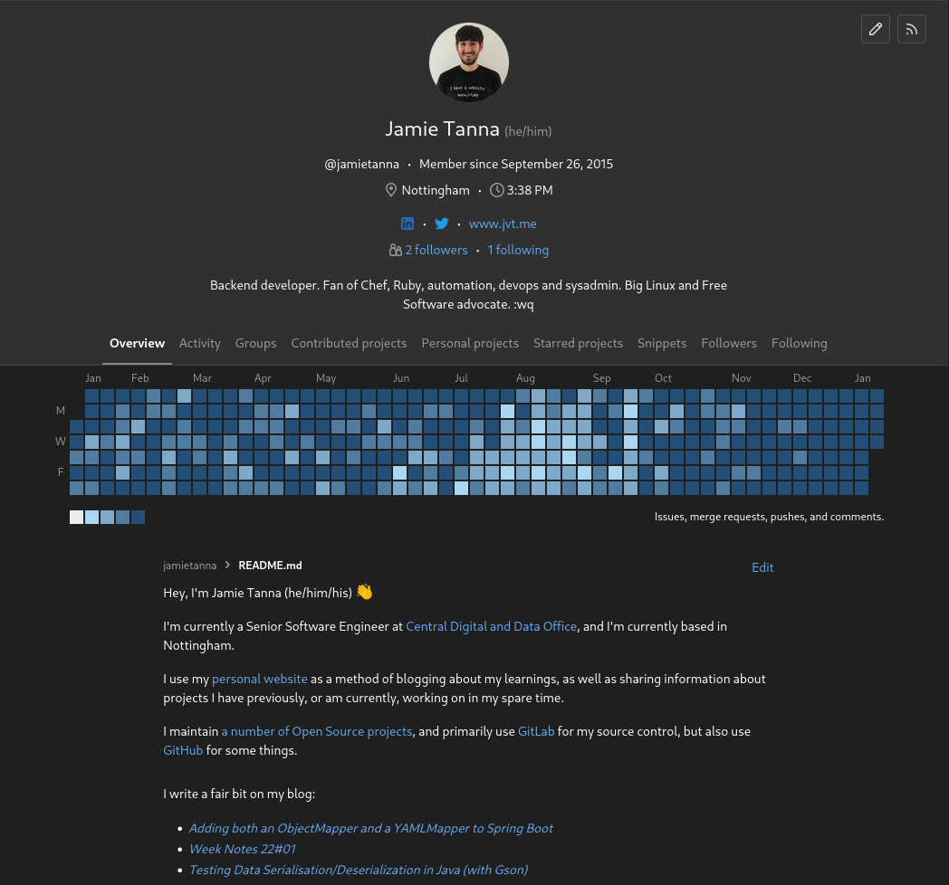 Screenshot of Jamie's profile on GitLab, with the banner information about him, a short description and some social links, followed by his contribution graph, and then the rendered README with more text about himself, including information about his current job, and some recent blog posts