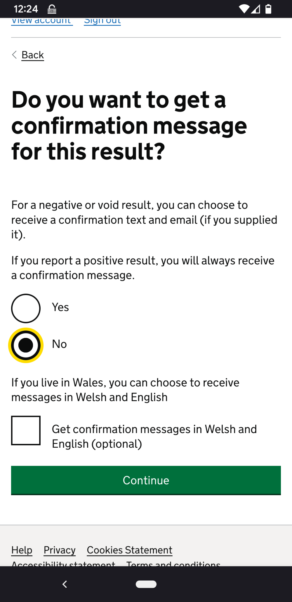 A screenshot of the Test for Coronavirus service on Gov.UK which gives the user the option of receiving email and SMS notifications of a test being taken