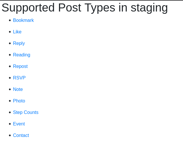 A screenshot of a listing of all the post types that are supported on Jamie's staging server