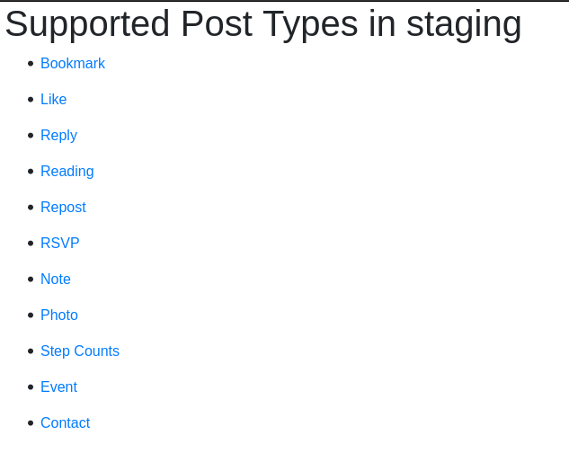 Screenshot of Jamie's editor, showing a list of post types that are configured on his staging Micropub server