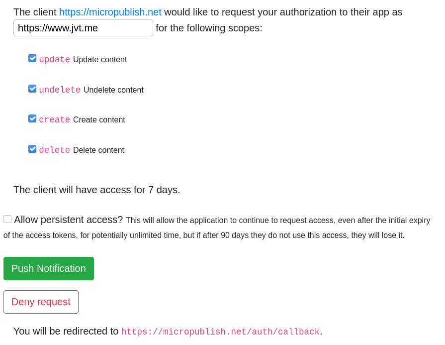 A screenshot of the consent screen on Jamie's IndieAuth server, which has a checkbox option for allowing persistent access, with a description of what it means in less technical terms