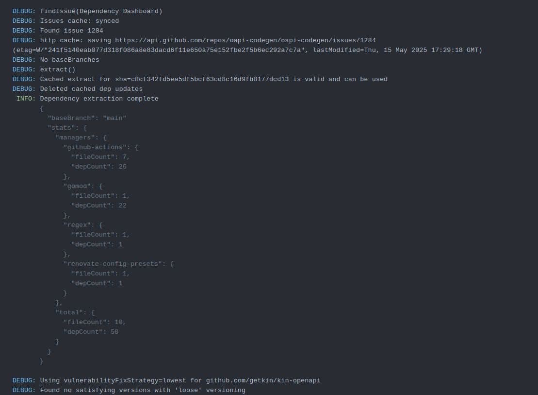 A screenshot of the job log output from one of the porjects Jamie maintains (oapi-codegen) which is onboarded to Mend Renovate Community Cloud. In it, there are a number of DEBUG logs and one INFO log. The DEBUG logs are given a nice blue colour, and the INFO a nice green. The logs all have a log message associated with them, and for the INFO log, there is a grey output which shows a JSON object for some additional context on the log message. It's a nice visual display for important information (log level and log message) with any additional context, but less prominently shown