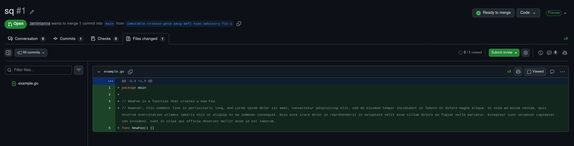 A screenshot of a PR on a temporary fork. There's the PR review UI that you'd expect on GitHub, and it's using the full width of the screen. There's an example.go file that's shewing that a long Godoc comment, now wrapped over 2.5 lines, which seems to be more readable on a wider screen