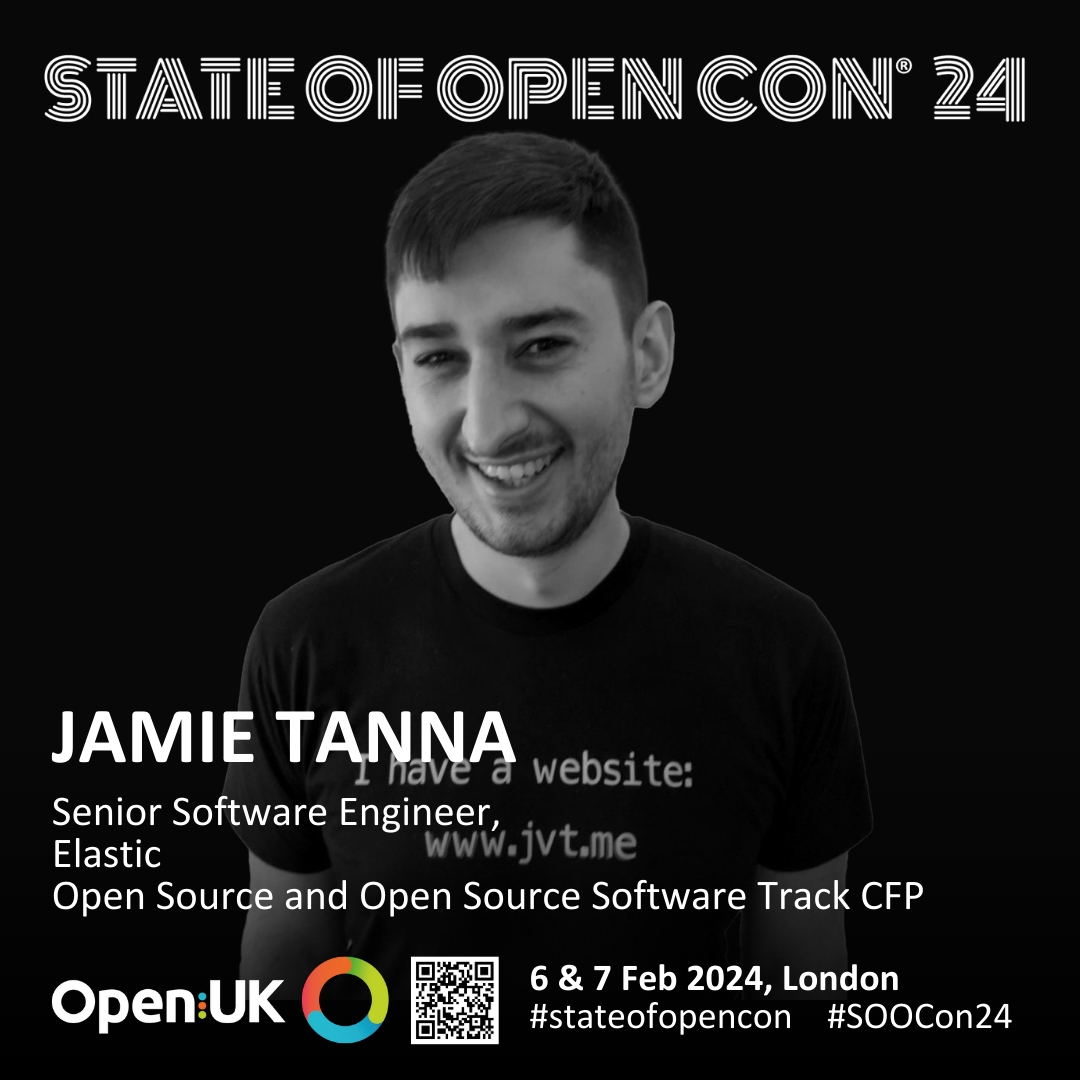A State of Open Con 24 banner, with Jamie's profile picture + details in black-and-white