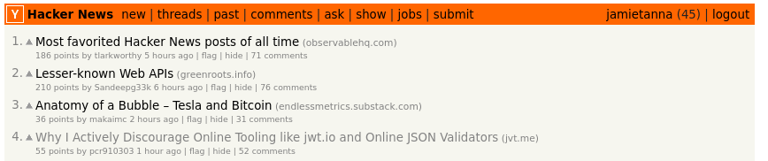 A screenshot of Jamie's blog post "Why I Actively Discourage Online Tooling like jwt.io and Online JSON Validators" as the fourth highest rated story on Hacker News