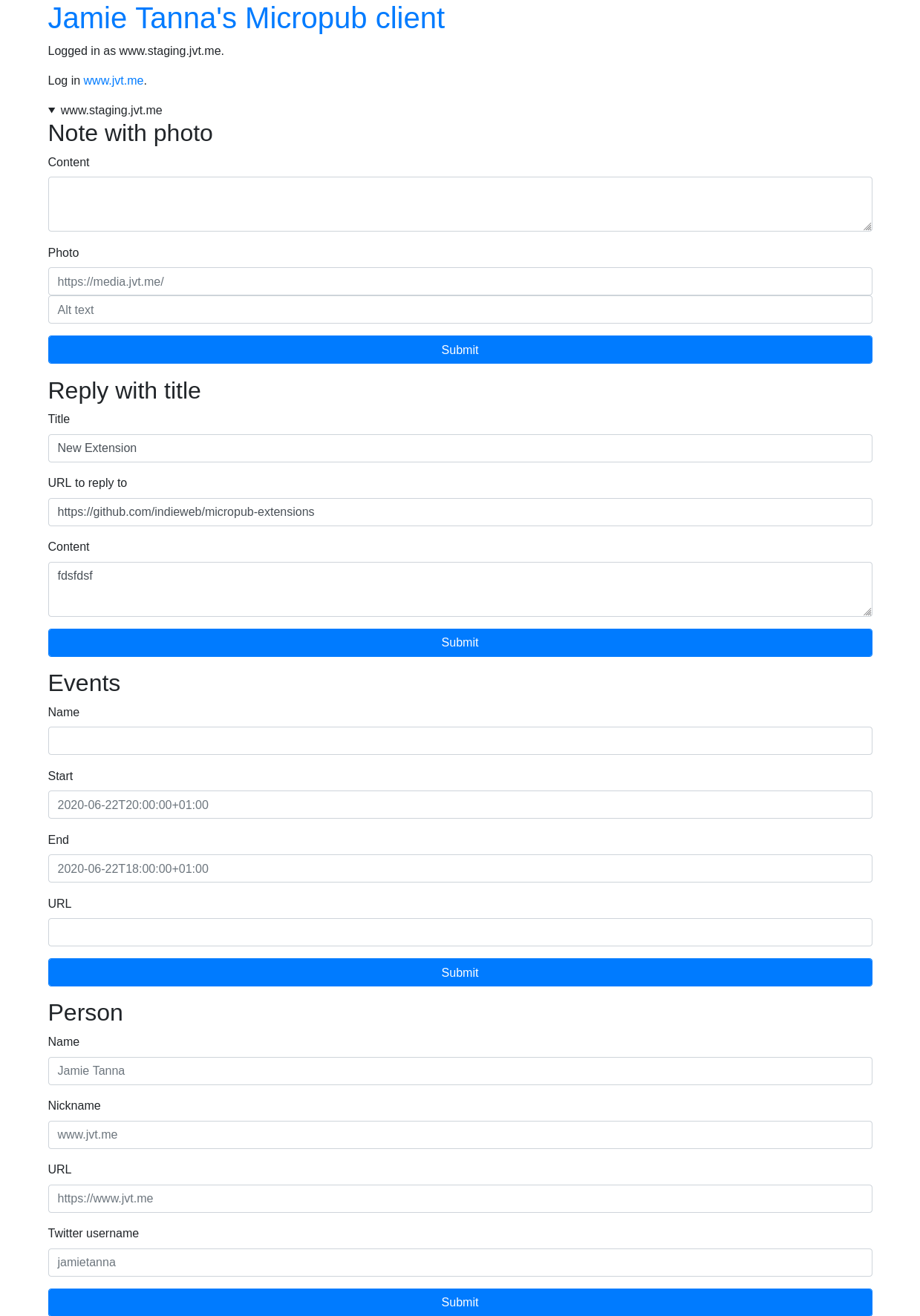 Screenshot of Jamie's micropub editor, showing four forms - one for publishing a note with a photo, one for a reply with a title, one for an event, and one for a person