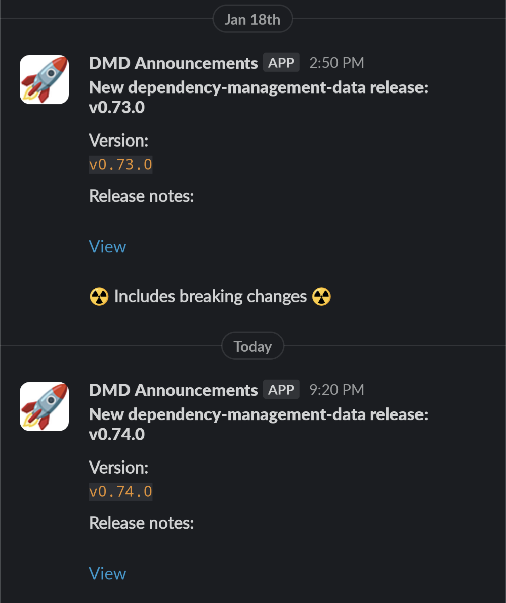 a screenshot of the Slack interface on mobile, with two messages from the "DMD Announcements" Slack app, showing two recent releases of dependency-management-data, one which indicates there are breaking changes in the release and one that does not