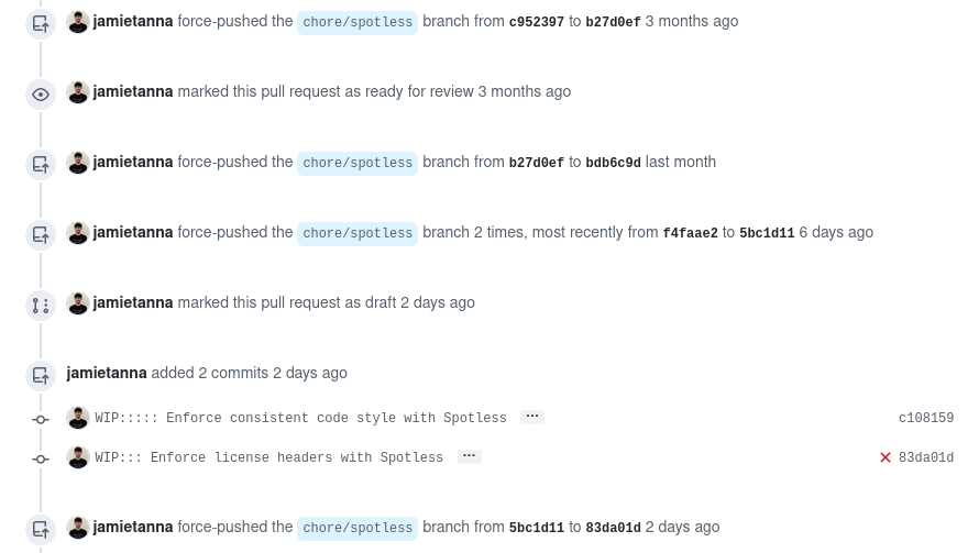 A screenshot of the GitHub Web UI, which shows multiple entries with the phrase "jamietanna force-pushed the chore/spotless branch from", indicating the commit hashes before and after the push