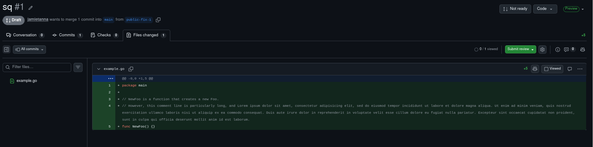 A screenshot of a PR on a regular repo. There's the PR review UI that you'd expect on GitHub, and it's using the full width of the screen. There's an example.go file that's shewing that a long Godoc comment, now wrapped over 2.5 lines, which seems to be more readable on a wider screen