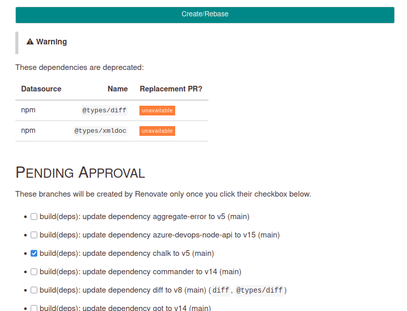 A snippet of Jamie's example app, showing a rendered view of the Dependency Dashboard for Renovate, with "deprecated dependencies", "pending approval" dependencies and a "Create/Rebase" button to click once you're ready to trigger a run. When a checkbox is checked, the "Create/Rebase" button is a pleasing green/blue colour