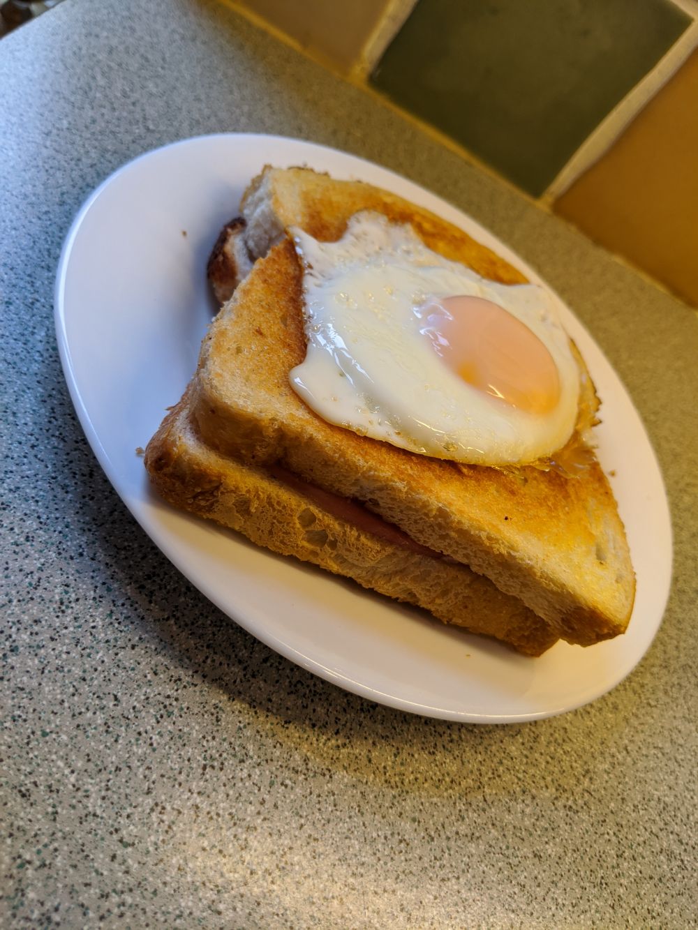 A yummy ham, tomato and cheese toasted sandwich topped with a fried egg