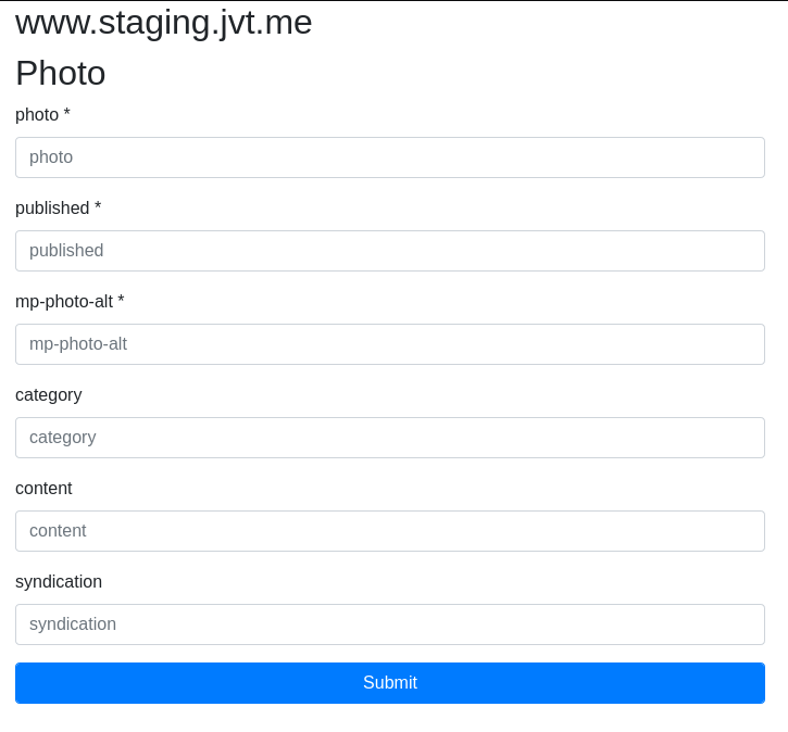 A screenshot of the fields possible to be used with a photo post, with an asterisk denoting a required field