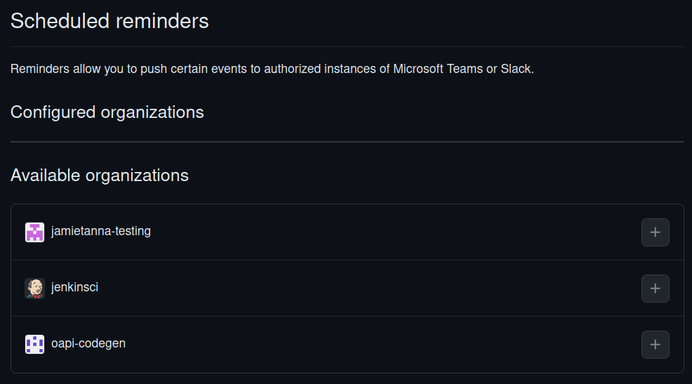 The GitHub "Scheduled Reminders" view, showing a list of Configured organizations and Available organizations