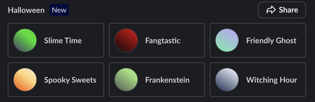 A screenshot of Slack's theme picker UI, showing the "Halloween" themes. There are a few different themes but the important one is "Spooky Sweets" which is orange and the exact same theme as the "Candy Corn" but called something different. This was taken on a free Slack instance
