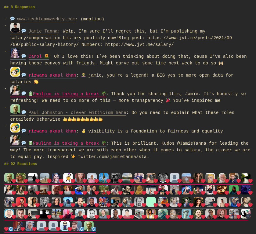 Screenshot of the social interactions with the blog post itself, showing 8 direct responses and 92 likes and reposts