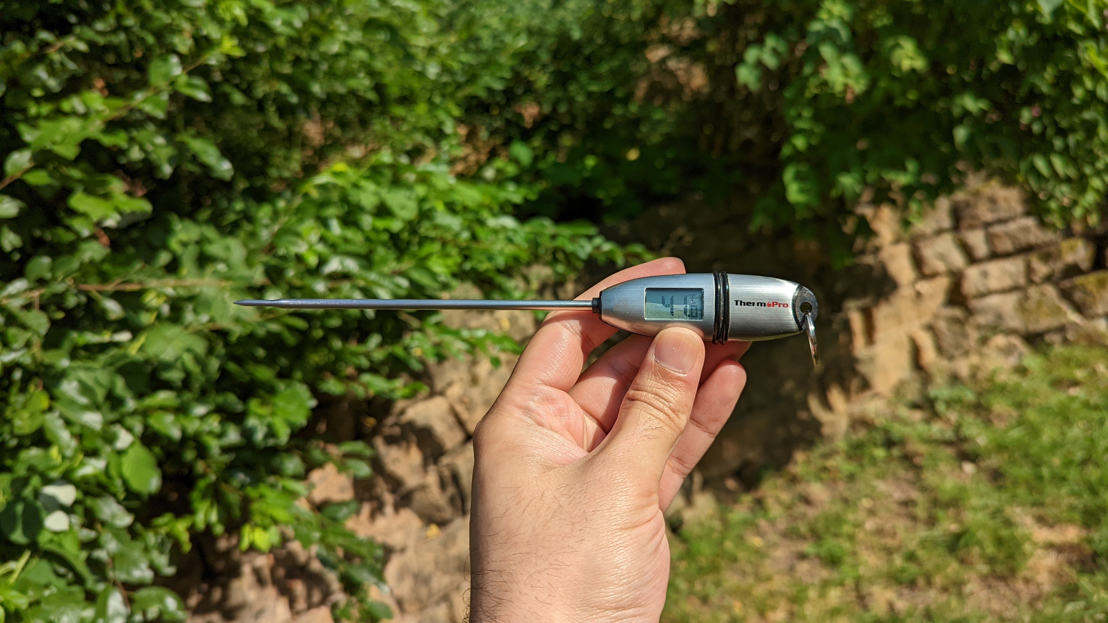 Jamie holding a meat thermometer in the sun, showing a temperature of 41 degrees Celsius