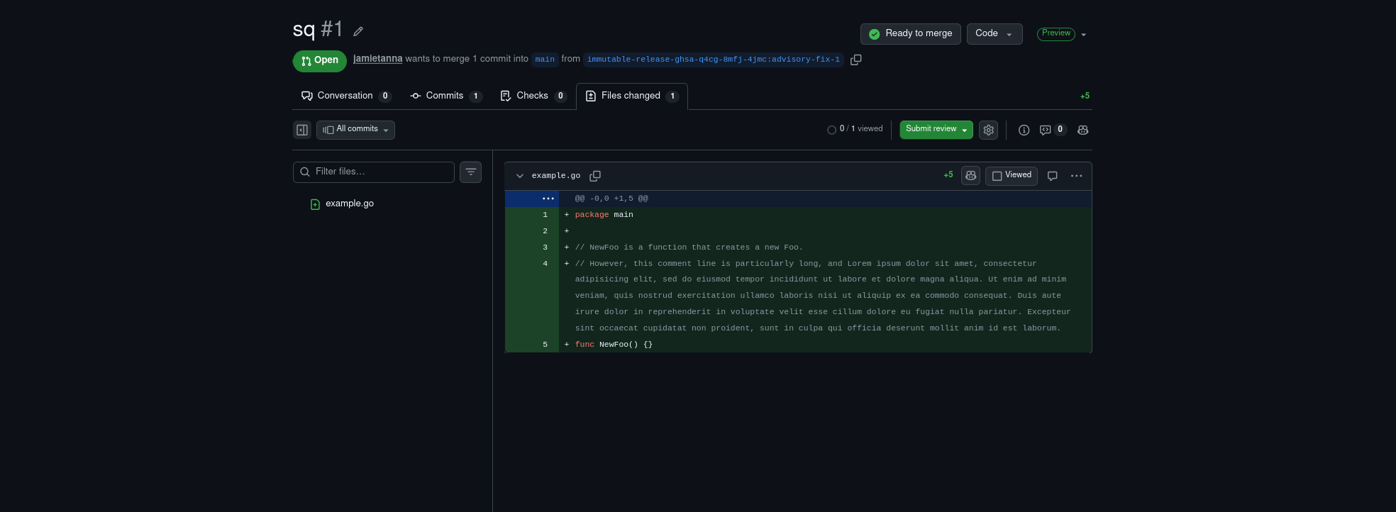A screenshot of a PR on a temporary fork. There's the PR review UI that you'd expect on GitHub, but for some reason, there's a lot of blank space around the pane. There's an example.go file that's shewing that a long Godoc comment is wrapped over 6 lines, which may be more readable on a wider screen, if the full width was used