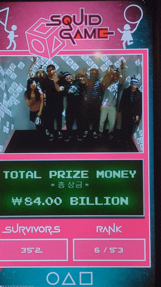 A (slightly shaky) video of the results screen of Jamie's team at Immersive Game Box's Squid Games game, showing a total score of 84.00 billion, with 352 survivors and ranking 6/53. This is a video because the team were asked to shoot a GIF at the end of the game, and Jamie is wildly flailing his arms alongside some animated colleagues, and some who thought it was a photo