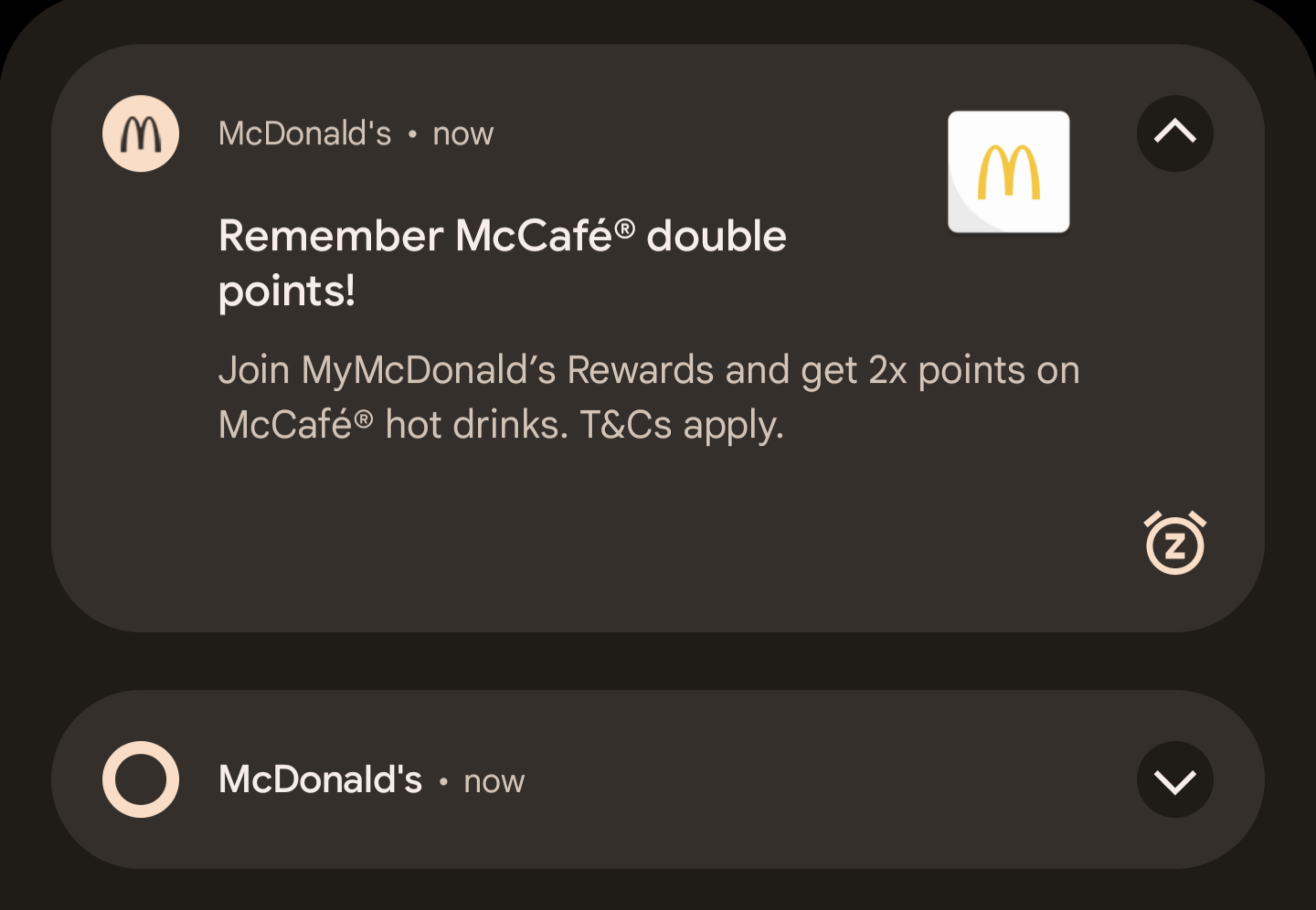 A screenshot of an Android (13) notification with the top notification being a MyMcDonald's app notification with text, and below an empty notification, also from MyMcDonald's