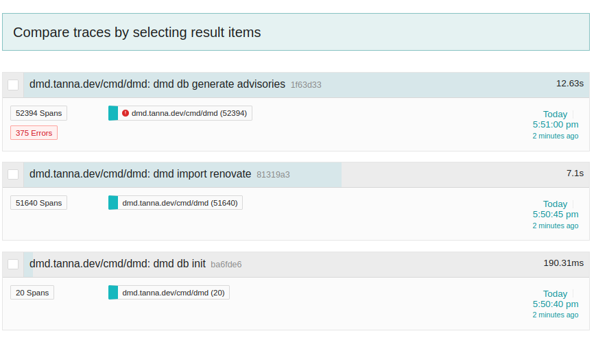 A screenshot of Jaeger, with three sets of traces - one for dmd db init with 20 Spans, one for dmd import renovate with 51640 Spans and one for dmd db generate advisories with 52394 Spans and 375 errors