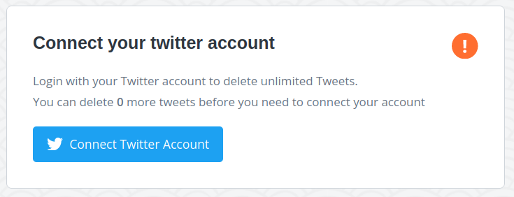 A warning in TweetDelete.net showing "Connect your twitter account" button