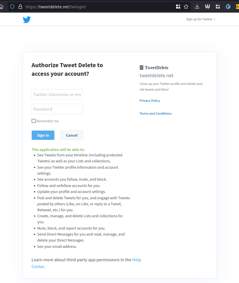 A Twitter OAuth2 authorization page, showing that I'm not currently signed in, and need to enter my credentials to allow the app to access my account. However, the URL Is visible, showing that the page is not an official Twitter page, but in fact is on TweetDelete.net's site