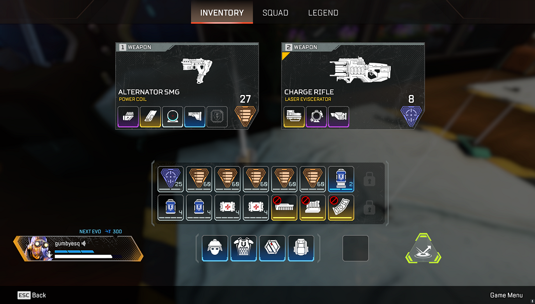 A screenshot of Apex Legends, where Jamie's inventory is full of all of the gold magazines and shotgun bolt possible, all collected within a single Point of Interest (which happened to have been the Hot Zone)