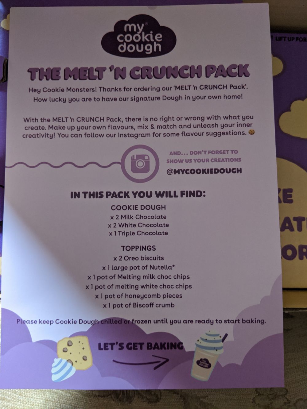 The packaging for the melt'n crunch pack, listing its contents