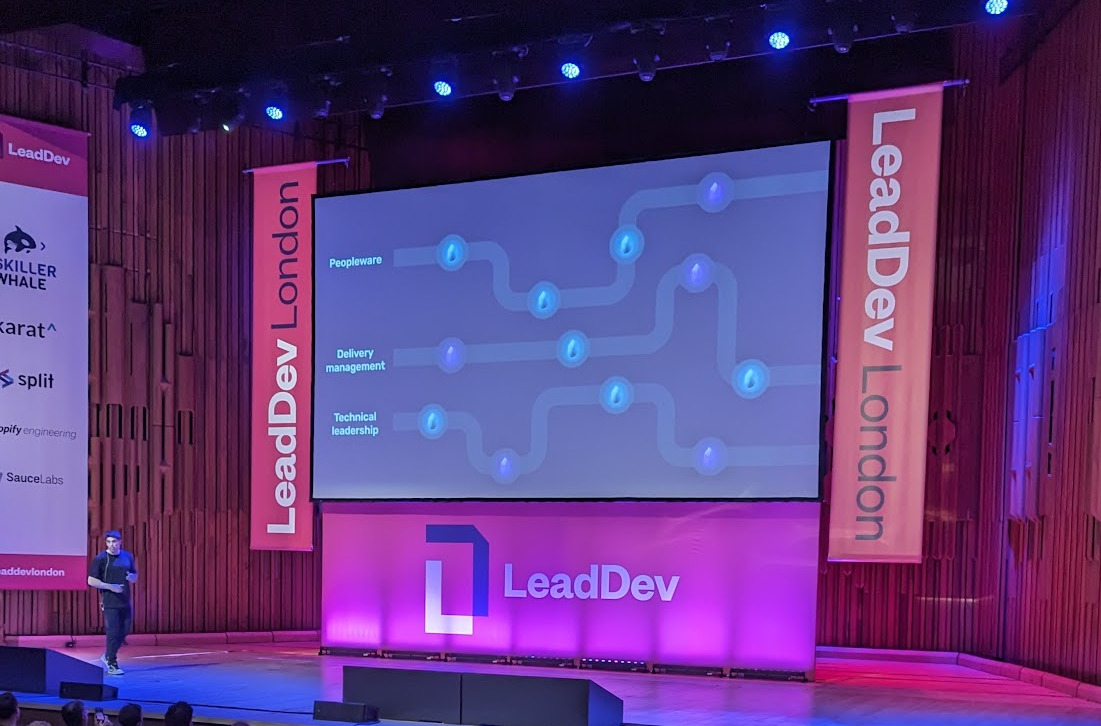 Daniel Korn on the stage at LeadDev London in front of a slide with three three slightly twisting paths, Peopleware, Delivery Management and Technical leadership, which correspond with learning paths for engineering managers. There are blue and purple icons alternating along the length of the paths indicating a "session" or an "experience"