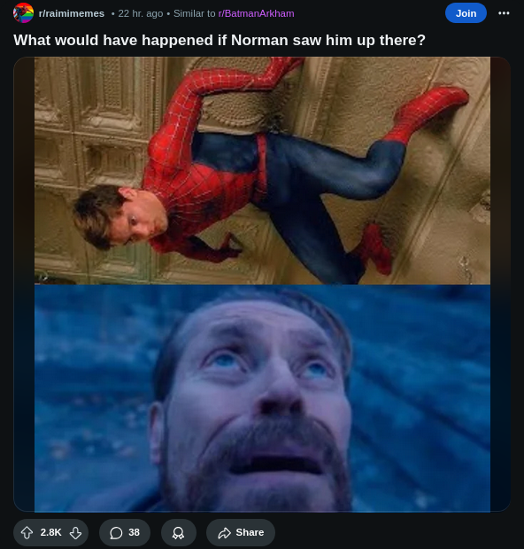 A screenshot of a post in the reddit home feed, showing a suggestion for /r/raimimemes because it's "similar to /r/BatmanArkham", and a somewhat funny meme