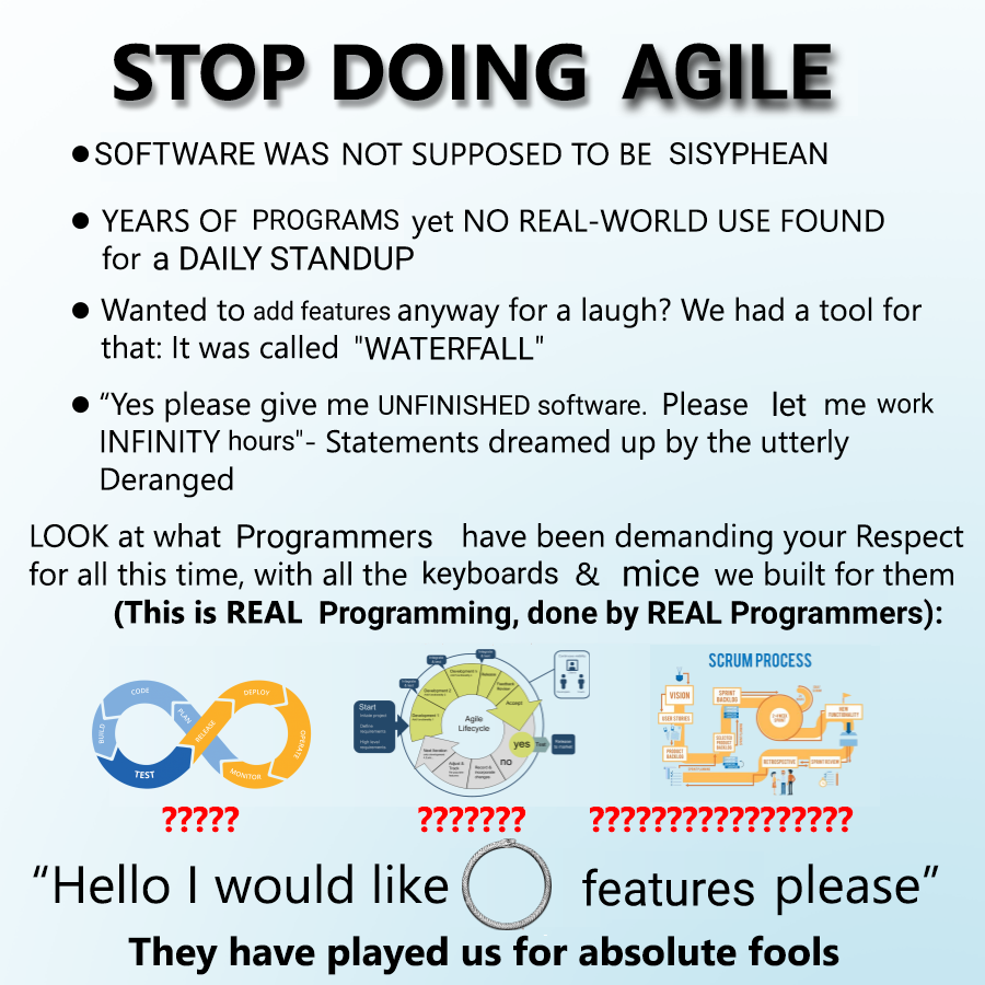 The "stop doing math" meme, applied to Agile. The title is 'Stop doing agile', and notes 'software was not meant to be sisyphean', how 'YEARS OF PROGRAMS yet NO REAL-WORLD USE FOUND for a DAILY STANDUP', 'Wanted to add features anyway for a laugh? We had a tool for that: It was called "WATERFALL"', 'Yes please give me UNFINISHED software. Please let me work INFINITY hours"- Statements dreamed up by the utterly deranged'