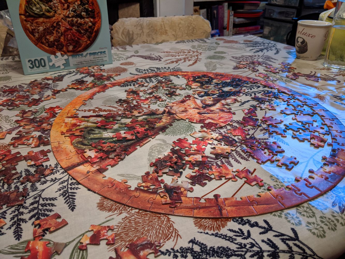 Making good progress on the pizza puzzle, with two of the eights complete Making good progress on the pizza puzzle, with two of the eights complete
