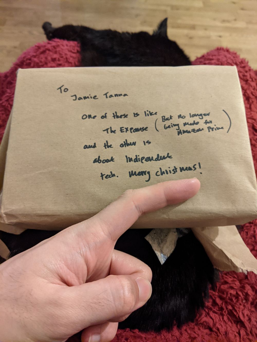 A parcel lying on top of a black cat, stretched out on a red blanket, addressed to Jamie, with the writing "One of these is like The Expanse (But no longer being made for Amazon Prime) and the other is about Independent tech. Merry Christmas!" with Jamie's finger resting over the Secret Santa's name