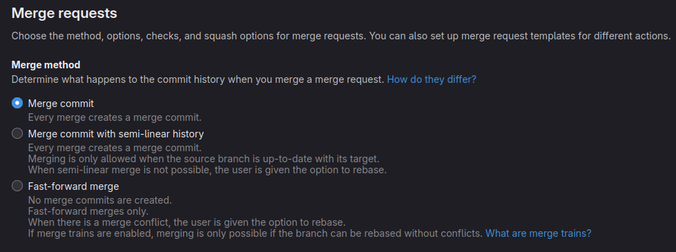 A settings widget with three options for merging - "Merge commit" (checked), "Merge commit with semi-linear history" and "Fast-forward merge"