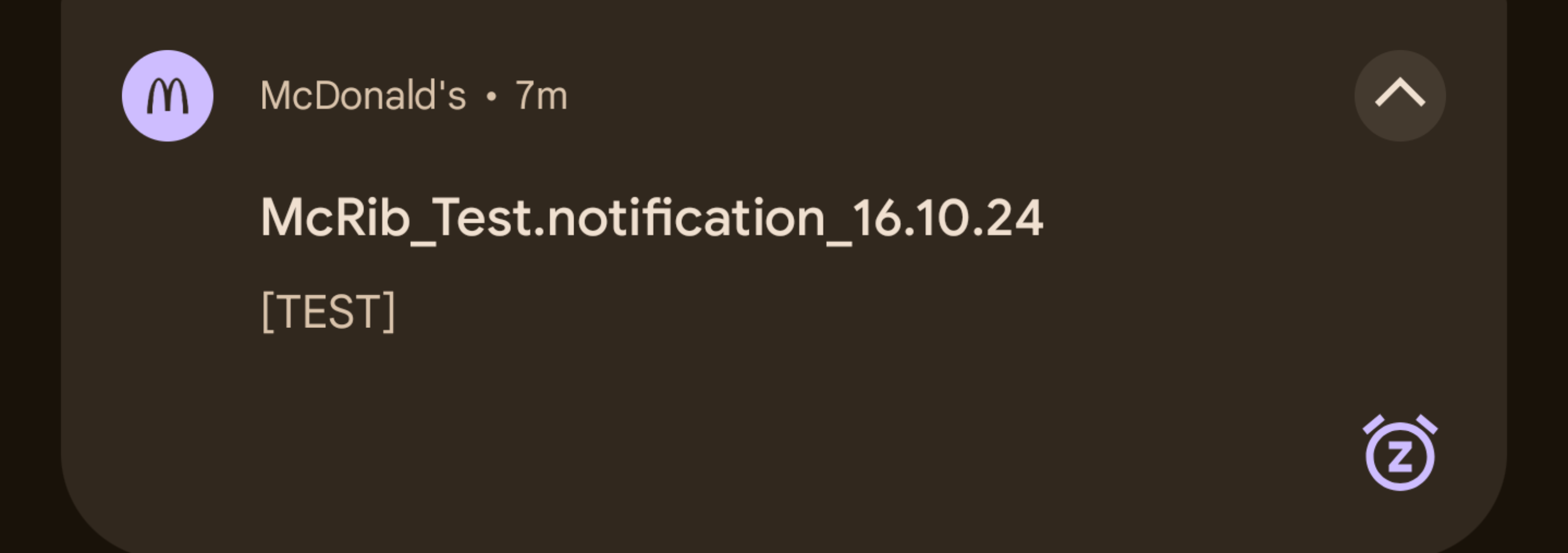 A notification from the McDonald's Android app, which reads: "McRib_Test.notification_16.10.24 [TEST].