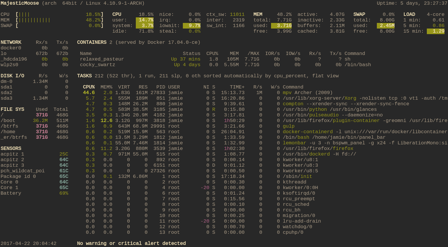 Glances running on a system under typical load