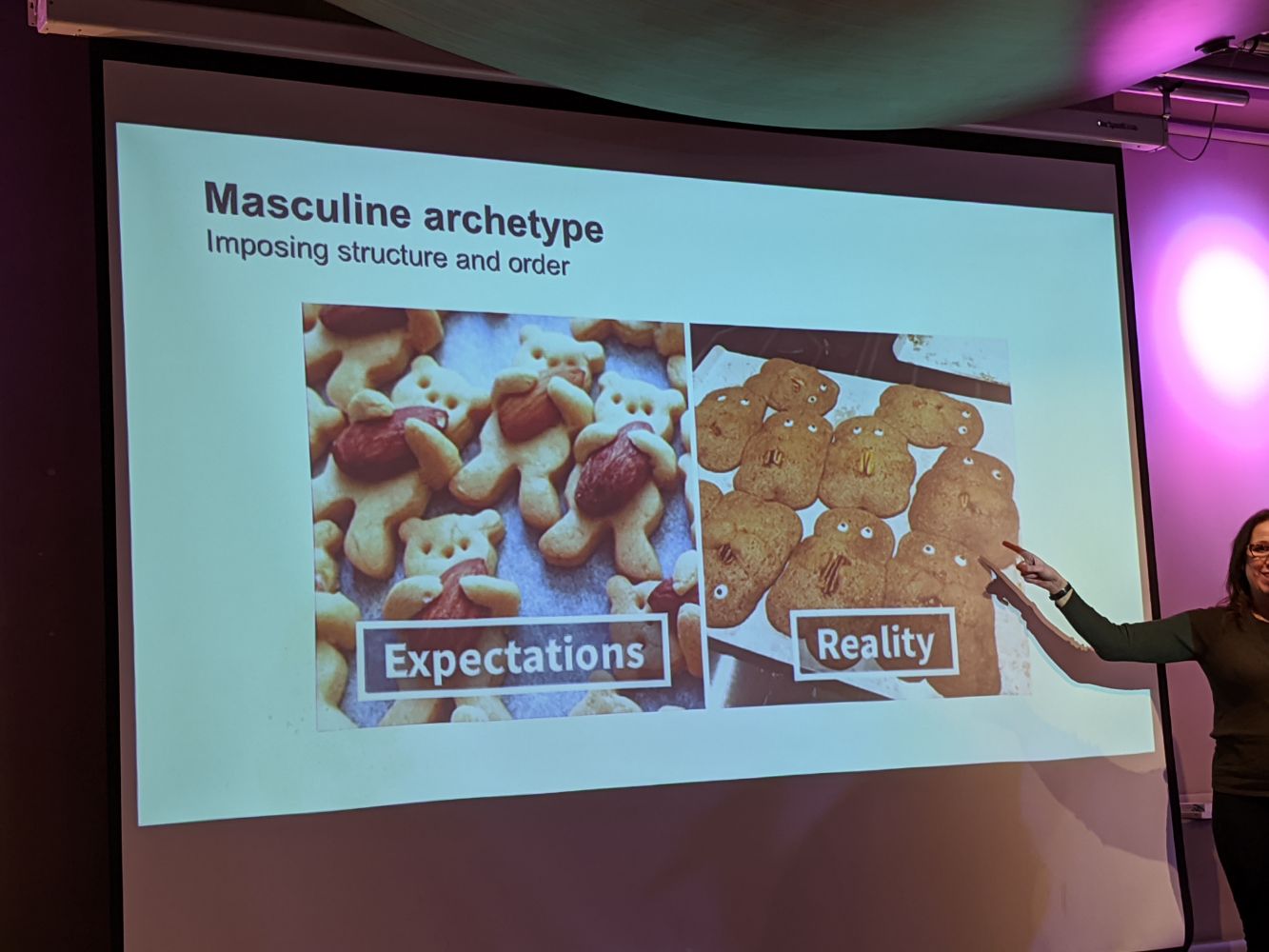 A photo of two clearly different photos - expectation vs reality - of gingerbread people when order and structure doesn't create the right solution