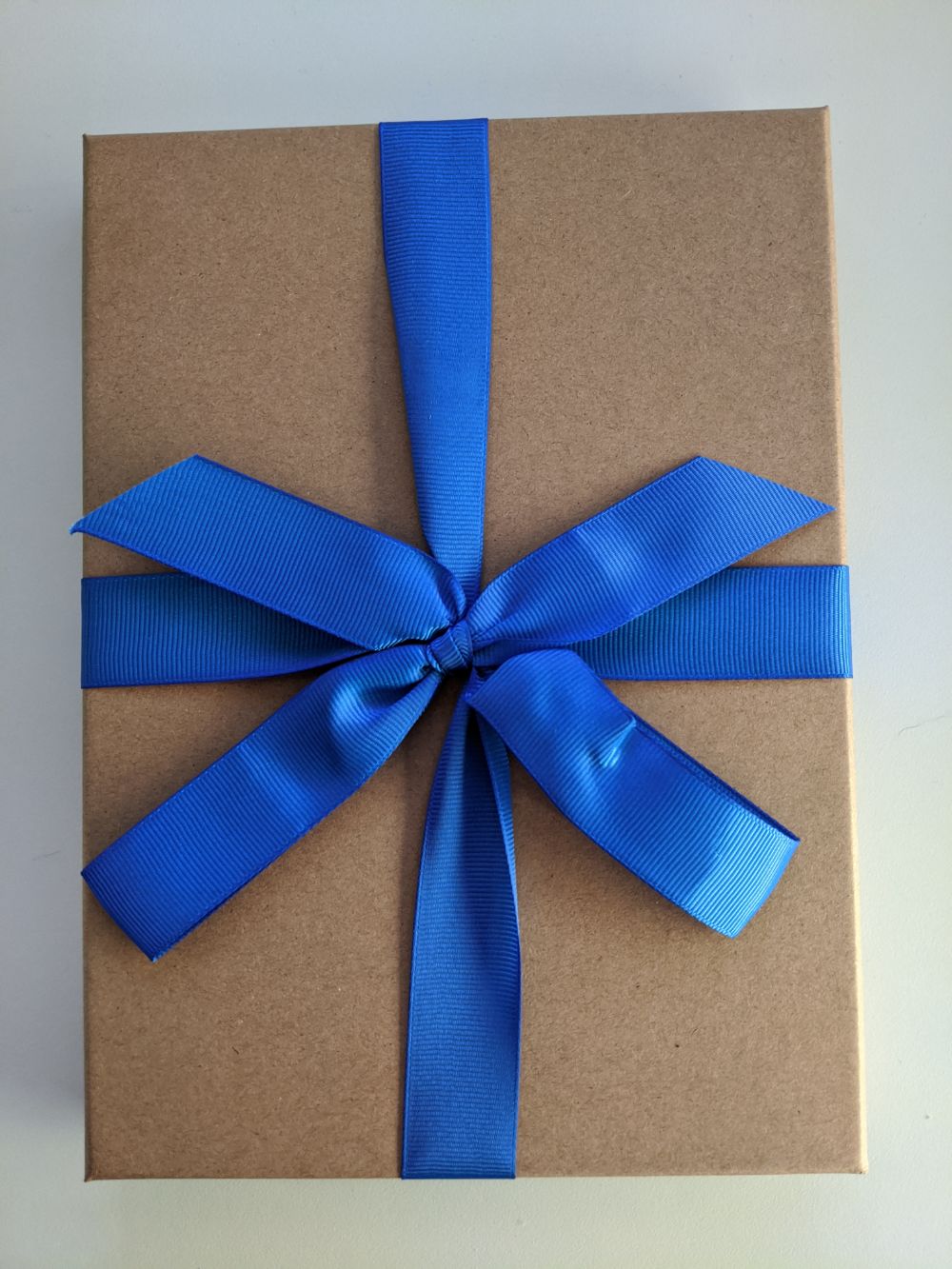 A brown parcel, wrapped with a blue bow. The parcel itself is quite weighty