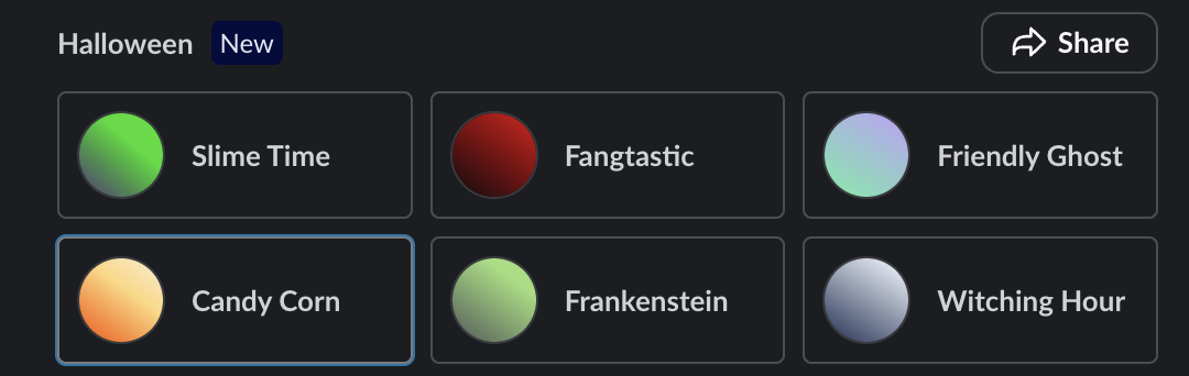 A screenshot of Slack's theme picker UI, showing the "Halloween" themes. There are a few different themes but the important one is "Candy Corn" which is orange. This was taken on an Enterprise Slack instance