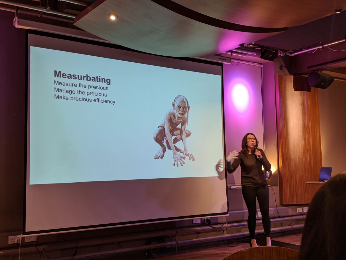 Picture of Gollum with the slide mentioning "Measurbating" as a downside of too much investment in metrics