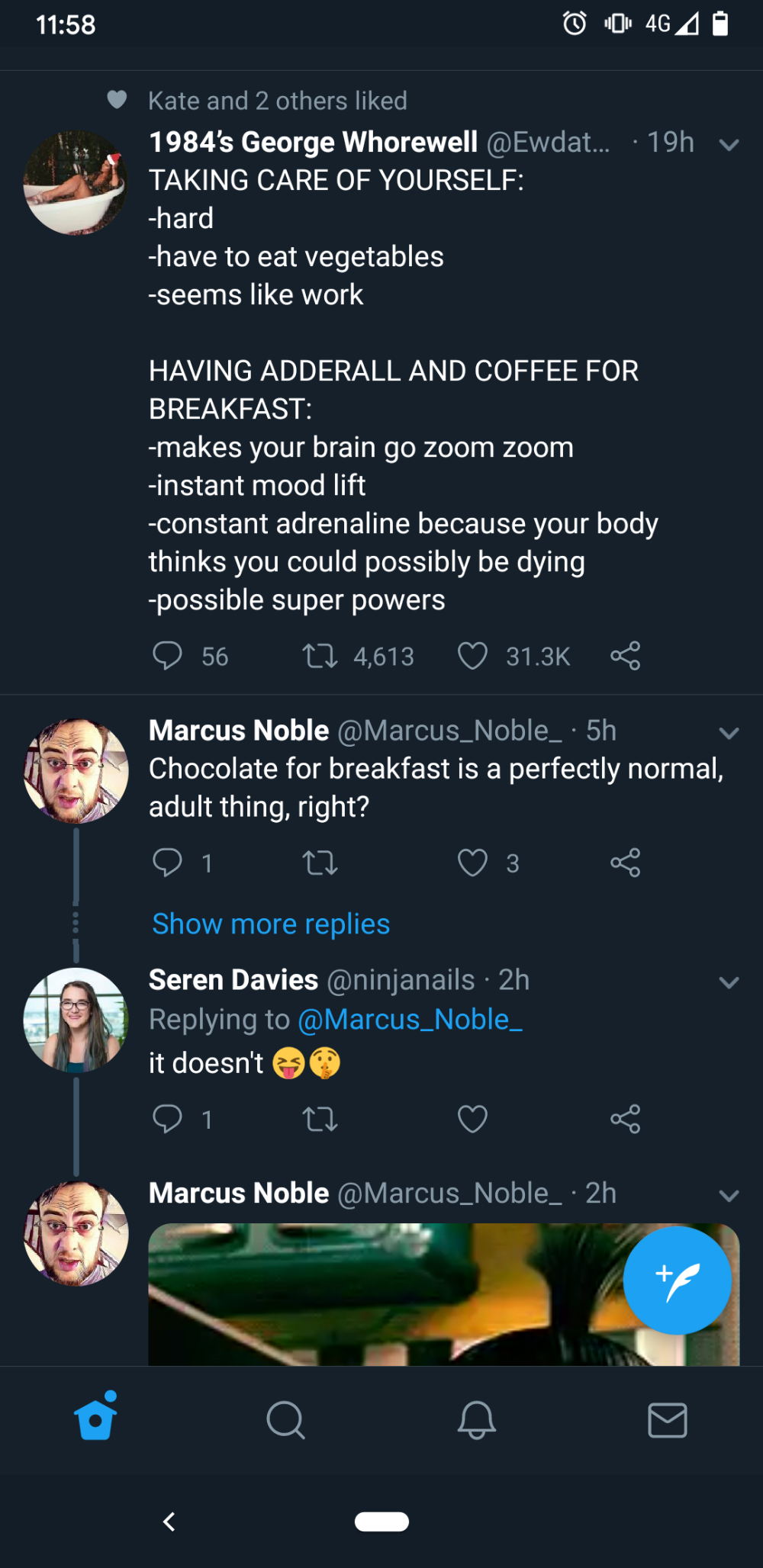 Screenshot of Marcus' tweet below a joking tweet about using Adderall for breakfast